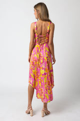 Ios Pink and Yellow Floral Corset Midi Dress