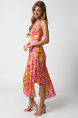 Ios Pink and Yellow Floral Corset Midi Dress