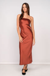 Irene Rust Satin Strapless Maxi Dress