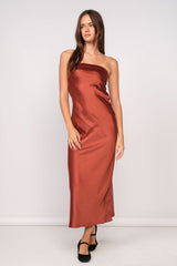 Irene Rust Satin Strapless Maxi Dress