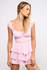 Laney Pink Tiered Ruffle Romper Dress