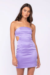 Miss Me Lilac Satin Strapless Cutout Mini Dress