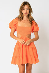 Lindsey Orange Cutout Puff Sleeve Dress