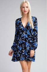 Middleton Black and Blue Floral Long Sleeve Wrap Dress