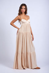 Blaire Nude Satin Tiered Maxi Dress