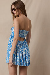 Mckenna Blue Boho Print Strapless Mini Dress