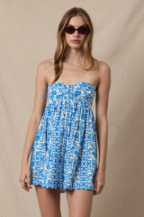 Mckenna Blue Boho Print Strapless Mini Dress