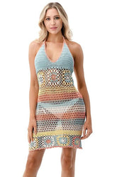 Mindy Pink and Blue Rainbow Crochet Swim Coverup Dress