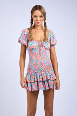 Mimi Aqua & Pink Floral Puff Sleeve Mini Dress