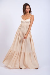 Blaire Nude Satin Tiered Maxi Dress