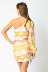 Bianca Mango Retro Wave Print One Shoulder Long Sleeve Mini Dress