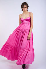 Blaire Pink Satin Tiered Maxi Dress