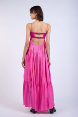 Blaire Pink Satin Tiered Maxi Dress