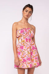 Rachel Pink Daisy Print Strapless Mini Dress