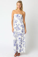 Raina White and Blue Floral Strapless Maxi Dress