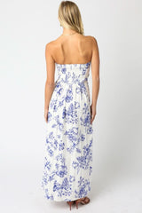 Raina White and Blue Floral Strapless Maxi Dress