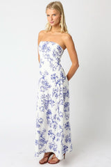 Raina White and Blue Floral Strapless Maxi Dress