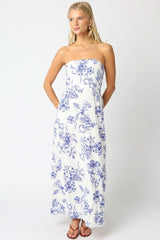 Raina White and Blue Floral Strapless Maxi Dress