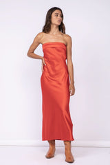 Irene Red Satin Strapless Maxi Dress