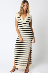 Ria Beige and Black Striped Knit Maxi Dress