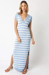Ria Blue and White Striped Knit Maxi Dress