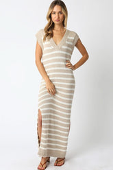 Ria Taupe and White Striped Knit Maxi Dress