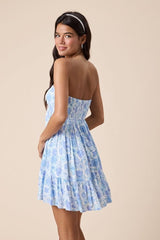 Sammie Ice Blue Floral Strapless Mini Dress
