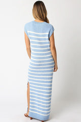 Ria Blue and White Striped Knit Maxi Dress