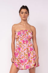 Rachel Pink Daisy Print Strapless Mini Dress