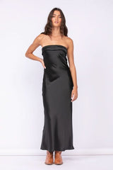 Irene Black Satin Strapless Maxi Dress