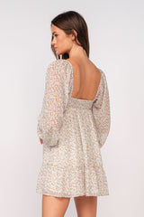 Trish Beige Floral Long Sleeve Babydoll Mini Dress