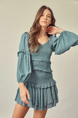 Seminal Moments Faded Green Smocked Long Sleeve Dress Set