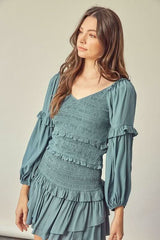 Seminal Moments Faded Green Smocked Long Sleeve Dress Set