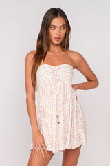 Lena White and Pink Floral Print Strapless Mini Dress