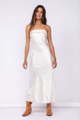 Irene Cream Satin Strapless Maxi Dress