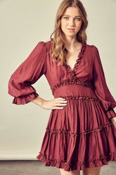 Adele Wine Long Sleeve Ruffle Mini Dress