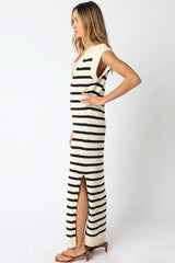 Ria Beige and Black Striped Knit Maxi Dress
