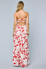 Brisa Red and Ivory Hibiscus Floral Strapless Maxi Dress