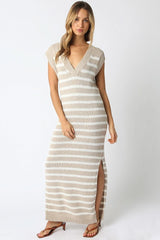 Ria Taupe and White Striped Knit Maxi Dress