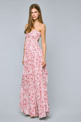 Brisa Red Floral Strapless Maxi Dress