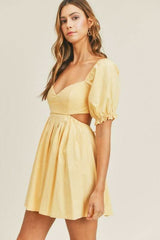 Breaking Hearts Yellow Puff Sleeve Mini Dress