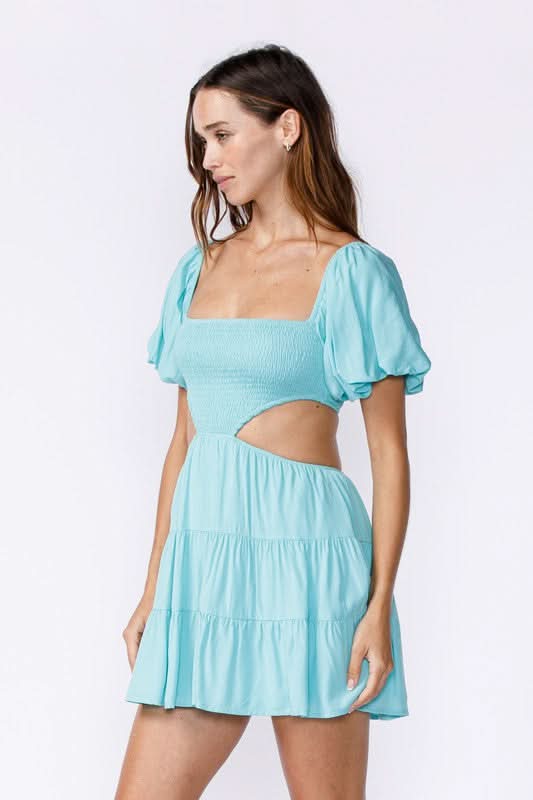 Good To Know Aqua Blue Cutout Puff Sleeve Dress