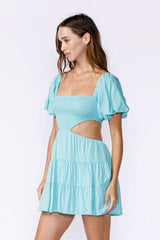 Good To Know Aqua Blue Cutout Puff Sleeve Dress