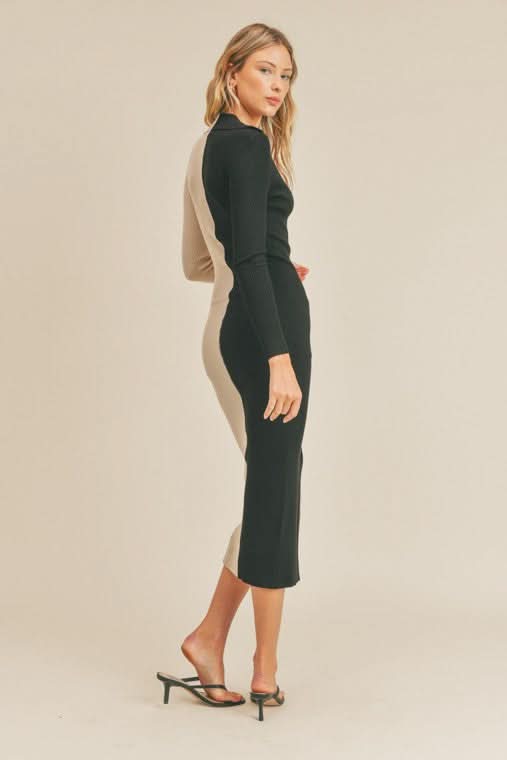 Julie Black and Taupe Colorblock Midi Dress