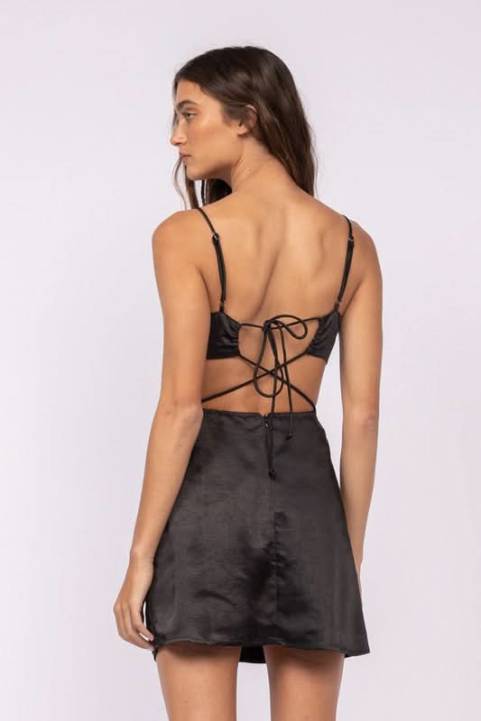 Sweet Talker Black Satin Cutout Mini Dress