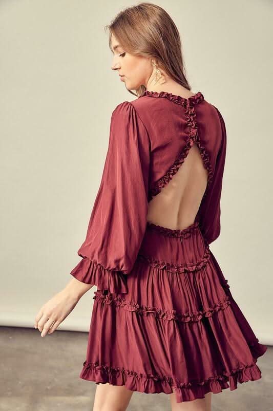 Adele Wine Long Sleeve Ruffle Mini Dress
