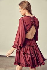 Adele Wine Long Sleeve Ruffle Mini Dress