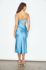 After Party Blue Satin Midi Dress