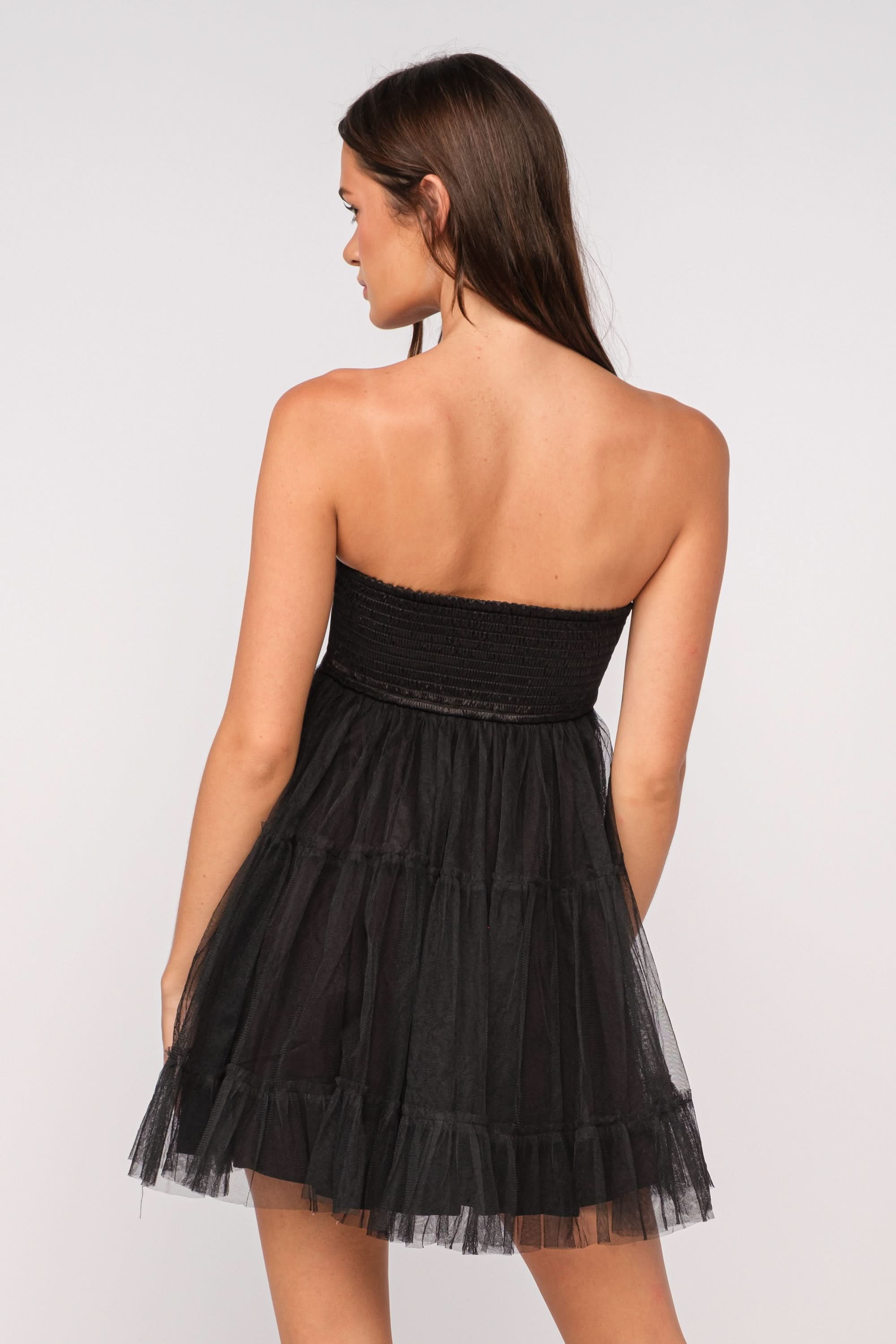 Charlie Black Strapless Organza Mini Dress