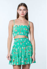 Ali Biscay Green Floral Print Smocked Two-Piece Dress Set